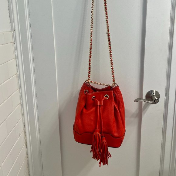 Rebecca Minkoff Red Leather Bucket Bag with Chain Strap - Picture 9 of 9